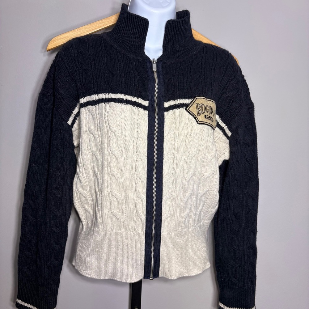BDG‎ Urban Outfitters Navy Cream Cable Knit Full Zip Mock Neck Sweater XS